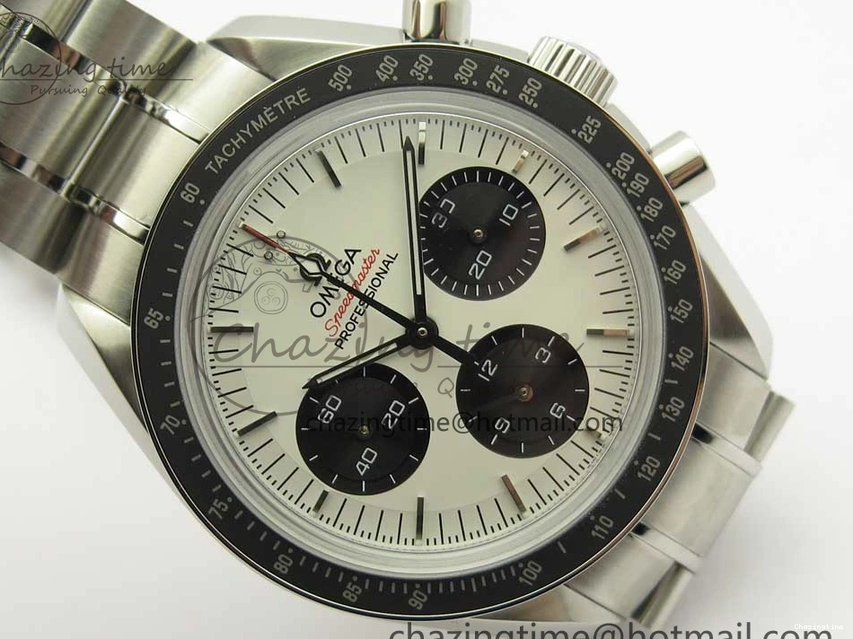 0318 WaterResistant Speedmaster SS Sapphire Crystal Panda White Black Dial on SS Bracelet Manual Winding Chrono Movement 7956